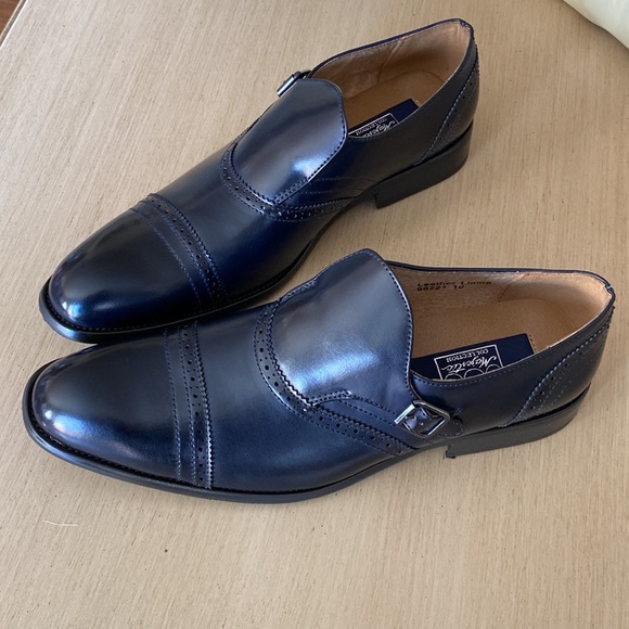 NWT Mens formal slip on leather lining dark navy blue dress shoes - Picture 2 of 12